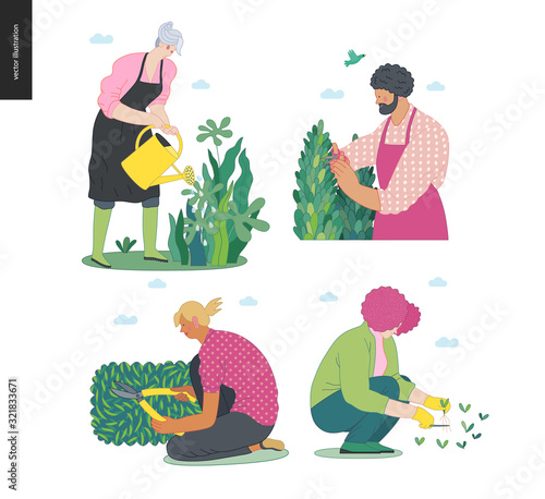 Gardening people set, spring -modern flat vector concept illustration of diverse people -men and women, doing hobby garden work -watering, planting, cutting, hoeing, arranging Spring gardening concept