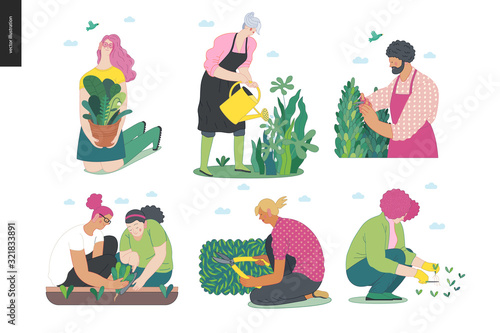 Gardening people set, spring -modern flat vector concept illustration of diverse people -men and women, doing hobby garden work -watering, planting, cutting, hoeing, arranging Spring gardening concept