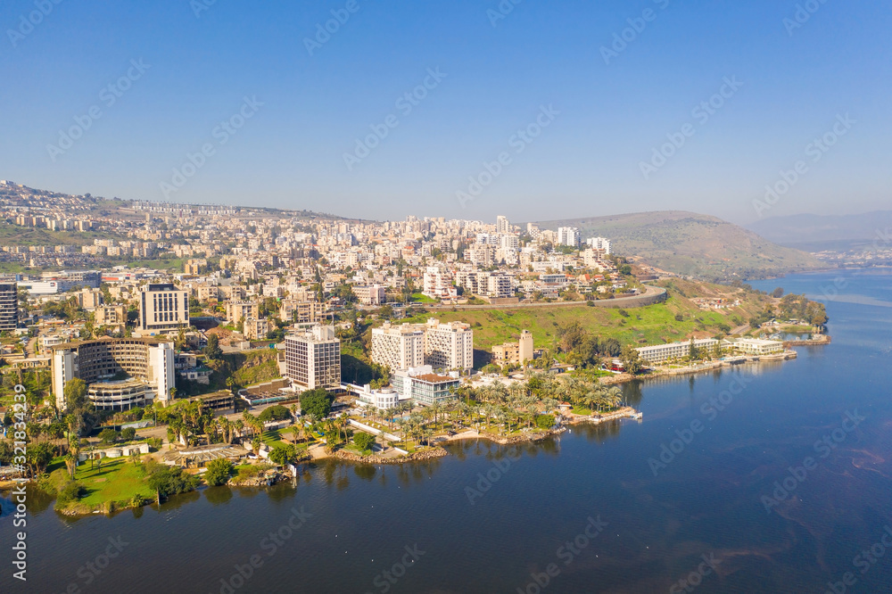 Aerial image of Tiberias, Israel. with the sea of Galilee on a clear day.
