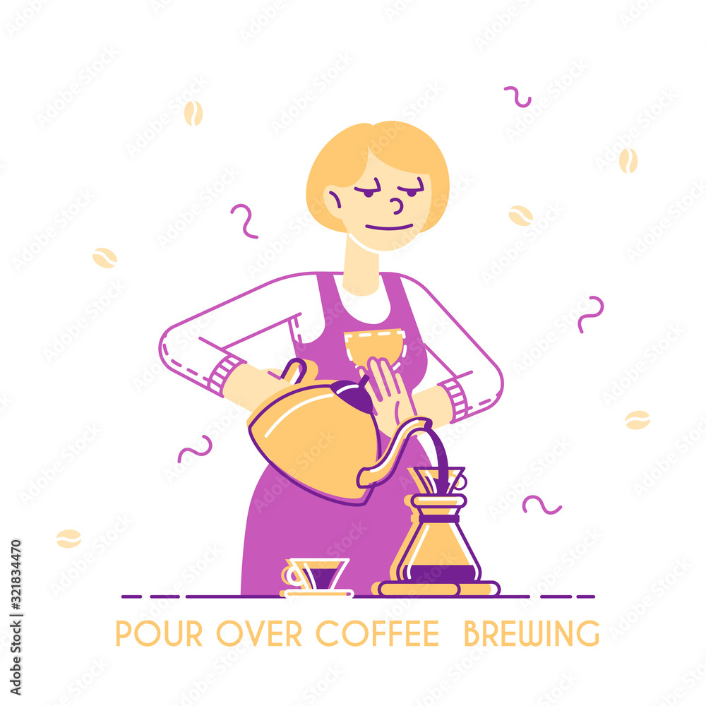 Obraz premium Woman Brewing Coffee Concept. Housewife or Waitress Pouring Hot Drink into Cezve on Kitchen or in Coffee Shop, Bartender Work Poster Banner Flyer Brochure. Cartoon Flat Vector Illustration, Line Art