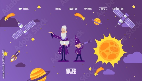 Astronomy website for children, vector illustration. Old astronomer teacher and young boy cartoon characters, flat style icons of stars, satellite, comet, sun. Space and Solar system, school education