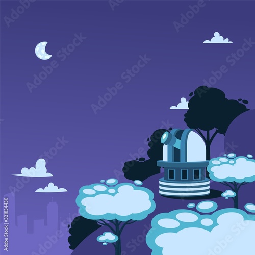 Observatory telescope at night, vector illustration. Space research station in mountains, high above city. Science technology, astronomy center. Outdoor space observatory, simple flat style landscape