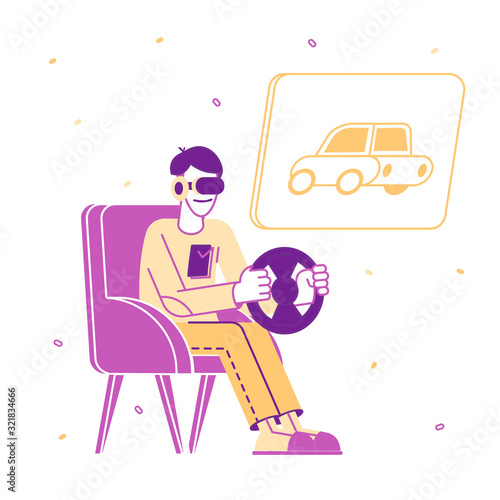 Man in Vr Headset Having Fun while Driving on Car Racing Simulator Cockpit Sitting at Home in Comfortable Chair Holding Steering Wheel. Virtual Reality Game Cartoon Flat Vector Illustration, Line Art