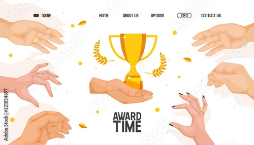 Competition award website, vector illustration. Contest landing page, prize winner announcement. Hand holding golden trophy, symbol of victory. People reaching for the prize, challenge award concept