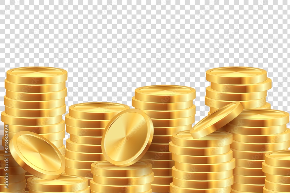 Plakat Golden coin background. Realistic gold money stacks. Game coins