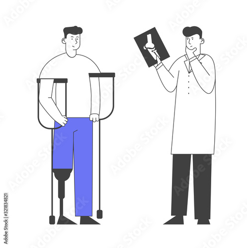 Invalid Handicapped Man Standing on Crutches with Prosthesis on Leg Visiting Orthopedy Clinic or Hospital Communicate with Doctor Orthopedist. Healthcare Cartoon Flat Vector Illustration, Line Art