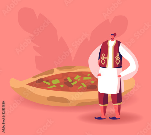 Turkish Food Concept. Man Wearing Traditional Turkey Costume Stand near Pide or Pita with Meat, Cheese and Greenery. Eastern Cuisine Restaurant. Culinary Tourism Cartoon Flat Vector Illustration