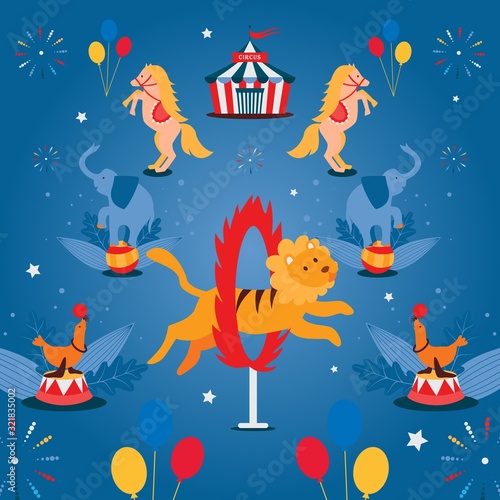 Circus show with trained animals, vector illustration. Horse, elephant, seal and lion performing stunts. Traveling circus tent, festival marquee. Entertainment announcement poster in cartoon style