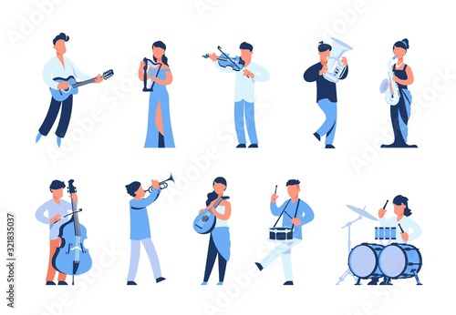 Cartoon musicians. Men and women playing musical instruments, street musicians and orchestra members. Vector illustration flat symphony band in blue set