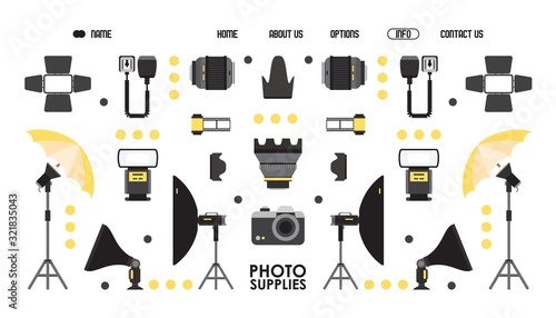 Photography supply website design, vector illustration. Professional photo equipment online shop, landing page template. Camera and lens isolated icons in flat style, photography gear and accessories