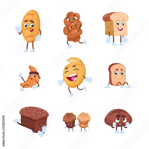 Bread characters. Cartoon cute characters of baguette croissant cookies and bakery pastries, breakfast persons with funny faces. Vector set creative illustration breads funny faces