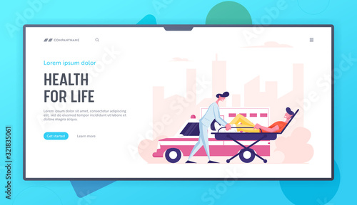 Ambulance Medical Staff Service Occupation Website Landing Page. Medic Transporting Man Patient with Broken Leg to Hospital. Emergency Paramedic Doctor Web Page Banner Cartoon Flat Vector Illustration