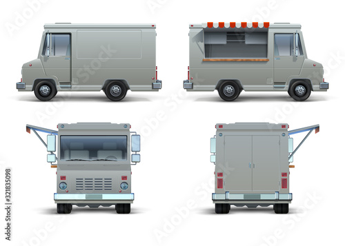 Food truck mockup. Realistic delivery car or mobile kitchen with open window for brand identity. Vector blank isolated set of street food truck on white background like restaurant commercial brand