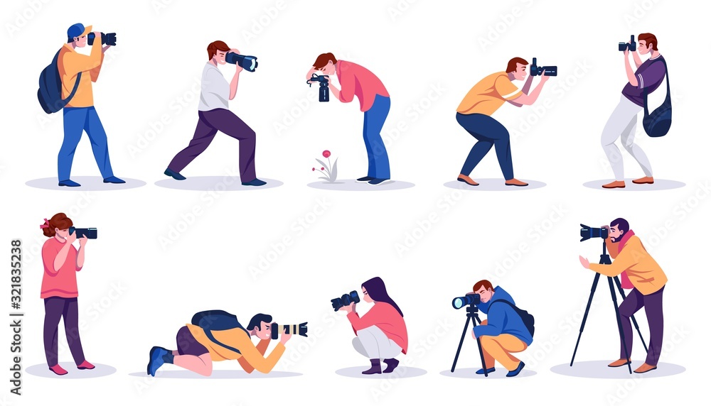 Photographers. Professional cartoon people with cameras shooting photos with tripods and from hands. Vector isolated illustrations young characters paparazzi, bloggers and journalists - obrazy, fototapety, plakaty 