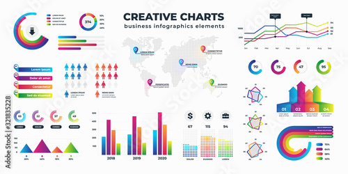 Graphs and charts. Business statistics for data and finance analysis, collection of information visualization. Vector schemes diagrams and bar charts set circular and column type