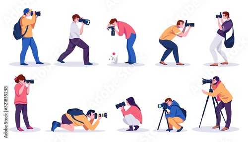 Photographers. Professional cartoon people with cameras shooting photos with tripods and from hands. Vector isolated illustrations young characters paparazzi, bloggers and journalists