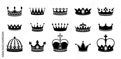 Crown silhouette icon set. Collections of queen tiara. Emperor crowns silhouette. King diamond coronation crowning. Vector image black silhouettes corona isolated on white