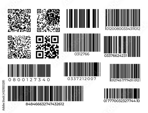 Barcode and QR code set. Scan bar industrial or supermarket label. Vector modern identification items scanning barcode badges sign