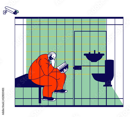 Life in Jailhouse. Arrested Convict Man Sitting in Cell with Sink and Toilet Behind of Metal Bars Reading Book. Prisoner in Prison Lifestyle Police Indoors Interior. Cartoon Flat Vector Illustration