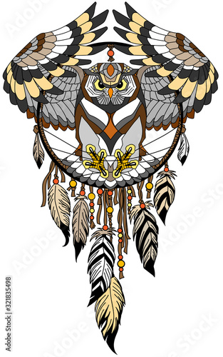 flying owl in the circle of native Indians dreamcatcher. Tattoo style vector illustration
