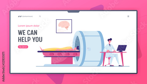 Health Care Check Up in Hospital, Scanning Website Landing Page. Doctor Looking at Results of Patient Brain Scan on Computer, Man Lying in Mri Machine Web Page Banner. Cartoon Flat Vector Illustration