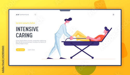 Ambulance Service Website Landing Page. Medic Pushing Wheeled Bed with Man Patient with Broken Leg. Emergency Paramedic Doctor Medical Staff Occupation Web Page Banner Cartoon Flat Vector Illustration