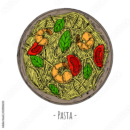 Pasta with shrimps, tomatoes and spinach. Italian food. Top view. Isolated object on a white background.