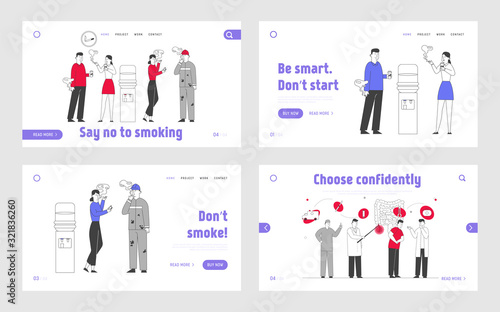People Smoking Addiction Website Landing Page Set. Male Female Characters Having Pleasure of Smoker Lifestyle, Social Problem, Coffee Break Web Page Banner. Cartoon Flat Vector Illustration, Line Art