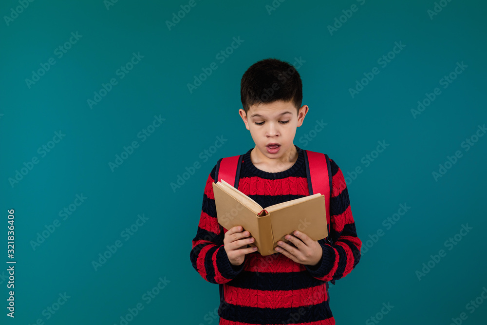 little cheerful school boy reading interesting book over blue background, copy space. School concept.