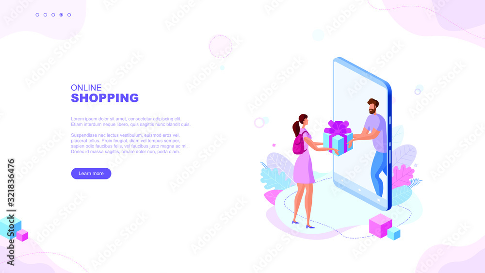 Trendy flat illustration. Online shopping page concept. Girl receives a gift from a smartphone. Online marketing concept. Customer feedback. Template for your design works. Vector graphics. Trendy flat illustration. Online shopping page concept. Girl receives a gift from a smartphone. Online marketing concept. Customer feedback. Template for your design works. Vector graphics.