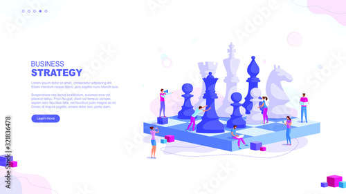 Trendy flat illustration. Business strategy page concept. Teamwork and competition. Chess game. Chess pieces. Template for your design works. Vector graphics.