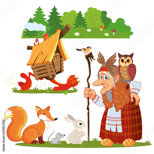 Character of Russian folk tale Baba Yaga. Funny old witch with a staff and an owl. Illustration for a fairy tale. Fairy hut on chicken legs. Hare, mouse, fox.