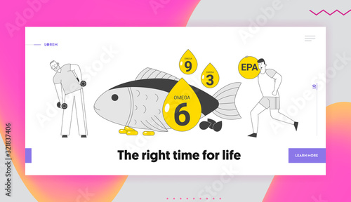 People Engage Sports Activity Apply Omega 3, 6, 6 Oils Website Landing Page. Senior Man Lifting Dumbbells, Young Sportsman Running Exercise Web Page Banner. Cartoon Flat Vector Illustration, Line Art
