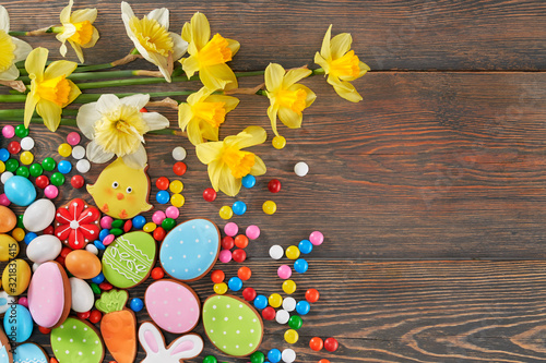 Easter glazed cookies and daffodils.