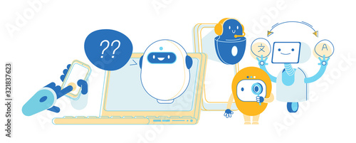 Robots, Artificial Intelligence in Human Life. Chatbot Help Clients Online Answer Questions, Translating Texts from Foreign Language, Ai Cyborgs Faq Service Cartoon Flat Vector Illustration, Line Art