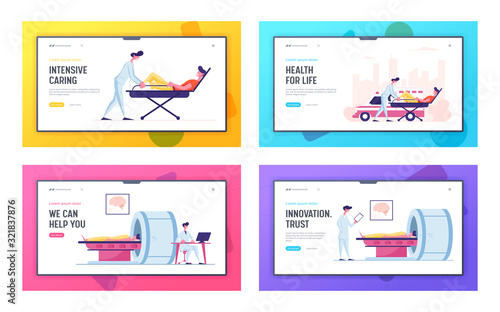 Health Care Website Landing Page Set. Magnetic Resonance Imaging Digital Technology in Medicine Diagnostic, Ambulance Paramedic, Medical Healthcare. Web Page Banner. Cartoon Flat Vector Illustration
