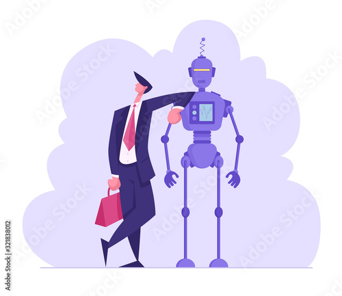 Artificial Intelligence and Human Communication Concept. Businessman Character Lean on Robot, Human and Cyborg Working in Office. Futuristic Technologies, Smart Device Cartoon Flat Vector Illustration