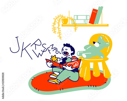 Little Boy Sitting on Floor Trying to Read Book. Logopedy Lesson, Kid Learning to Speak Correctly. Toddler with Dyslexia Practicing Pronunciation of Different Sounds Cartoon Flat Vector Illustration