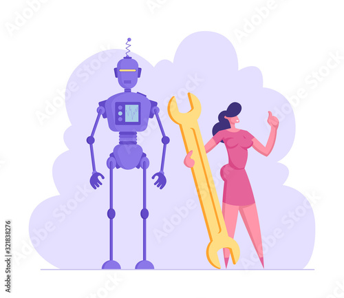 Businesswoman Holding Huge Wrench Stand near Cyborg. Futuristic Technology and Science Development Concept. Technical Support, Business Automatization, Robot and Human Cartoon Flat Vector Illustration