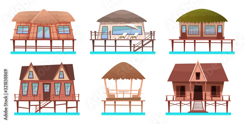 Houses and bungalow collection on the water. Cartoon set of hotels and resort houses for tropical hotels on sea shore