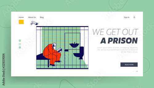 Prisoner in Prison Lifestyle Website Landing Page. Life in Jailhouse. Arrested Convict Man Sit in Cell with Toilet Behind of Metal Bars Reading Book Web Page Banner. Cartoon Flat Vector Illustration