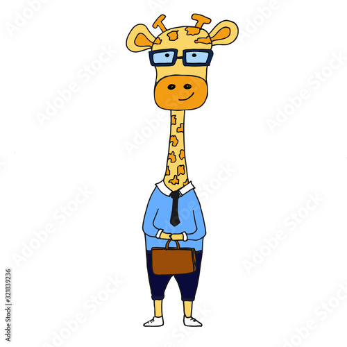Giraffe hipster style isolated vector character on white background. Giraffe with glasses, in shirt and trouses with tie.