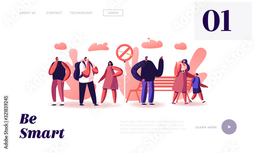 Smoking Addiction Website Landing Page. People Smoke Cigarettes in Public Place near Prohibited Sign in Park. Angry Woman with Child Admonish Smokers Web Page Banner. Cartoon Flat Vector Illustration