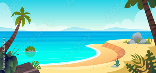 Summer tropical sandy beach. Sandy seashore, sea coast with palm tree and blue calm sea water.