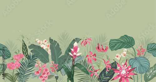 Seamless Tropical Floral Print with Exotic Flowers Guzmania Orchid Blossoms, Jungle Fern Leaves on Green Background. Rainforest Plants Wallpaper Template, Nature Textile Ornament Vector Illustration
