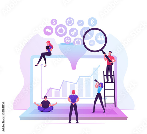 Businesspeople Working around of Huge Laptop with Different Business Icons Falling Down through Funnel. Creative Process, Big Data Filter, Analysis Tunnel Concept Cartoon Flat Vector Illustration