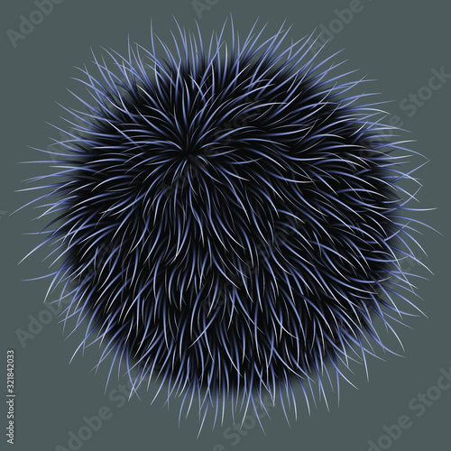 Fur black and white ball, pompom isolated on a grey background