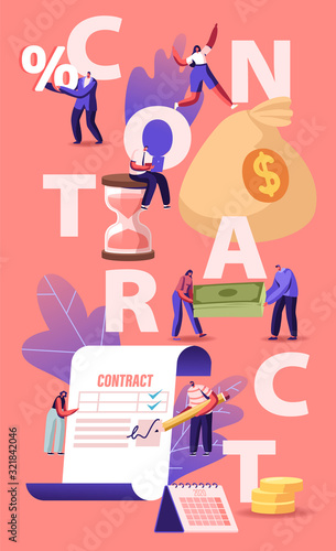 Business People Make a Deal Agreement  Checking and Signing Contract Concept. Man Put Signature on Paper Document with Check Marks Poster Banner Flyer Brochure. Cartoon Flat Vector Illustration