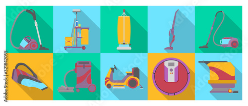Vacuum cleaner flat vector illustration on white background . Set icon vacuum cleaner for cleaning .Flat vector icon hoover for cleaning carpet.