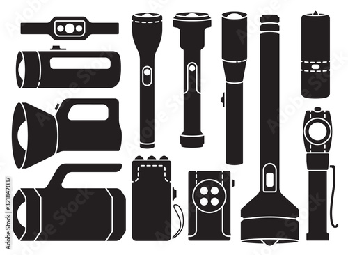 Flashlight of light vector black set icon.Vector illustration spotlight of beam on white background.Isolated black set icon flashlight of torch.